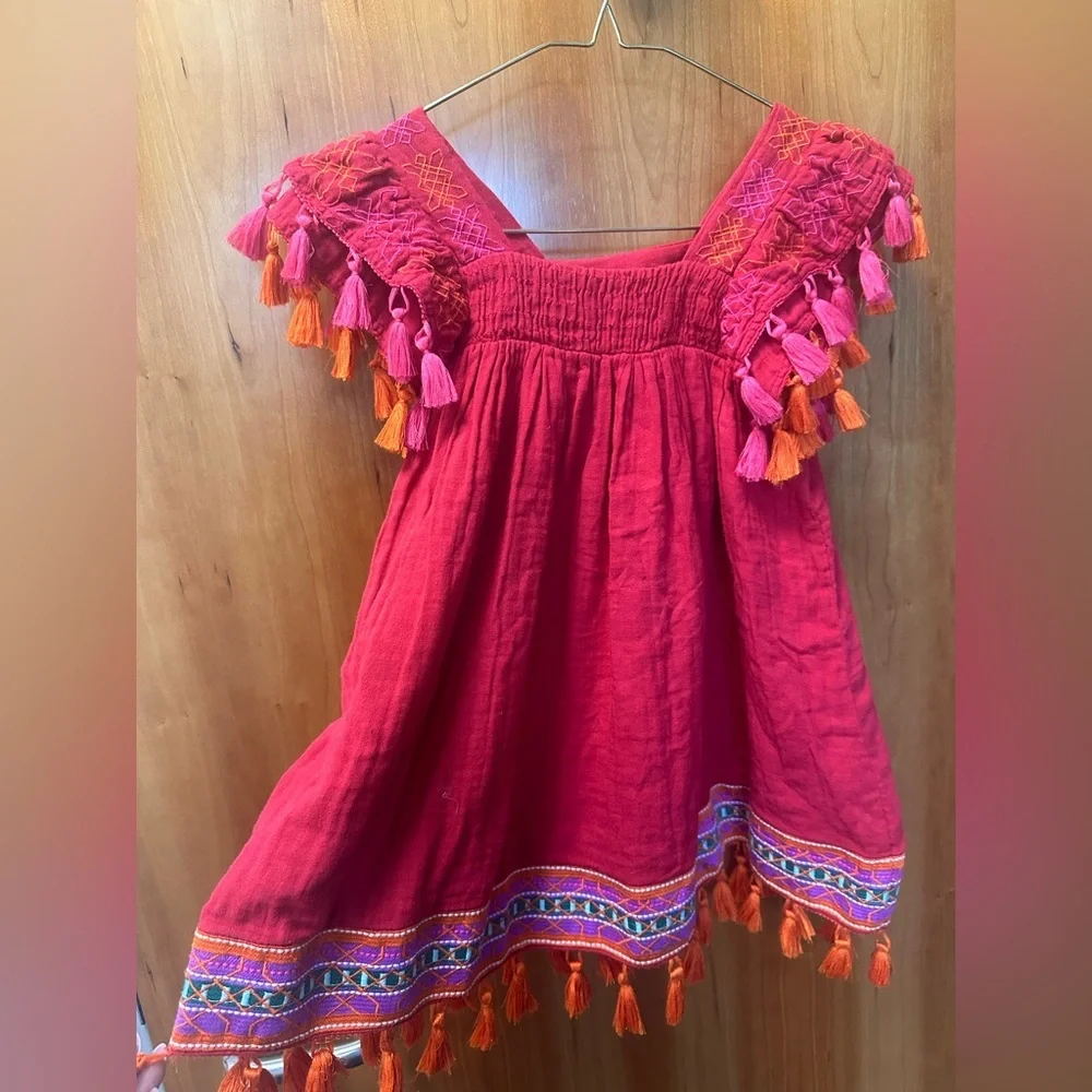 Girls Mer St. Barth Red Cotton Embroidered Flutter Sleeve Sundress size 2 - Picture 4 of 7